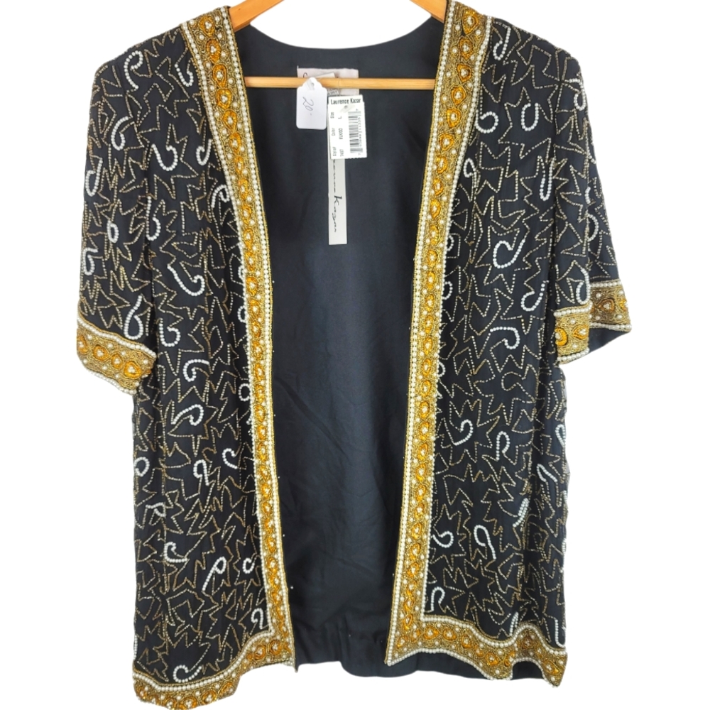 NWT Vintage Laurence Kazar Heavily Beaded Silk Event Short Sleeve Jacket SZ L